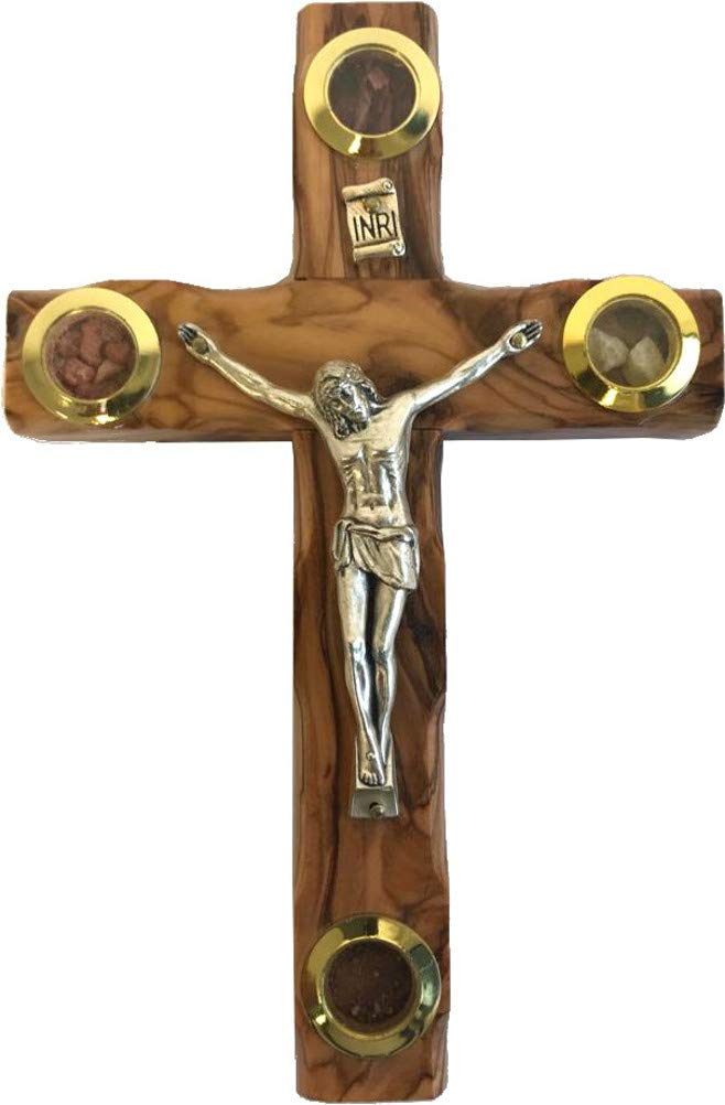 Holy Land Market Catholic Olive Wood Cross Crucifix with Holy Essences - 6.2 Inches.、mySite、topwebapps