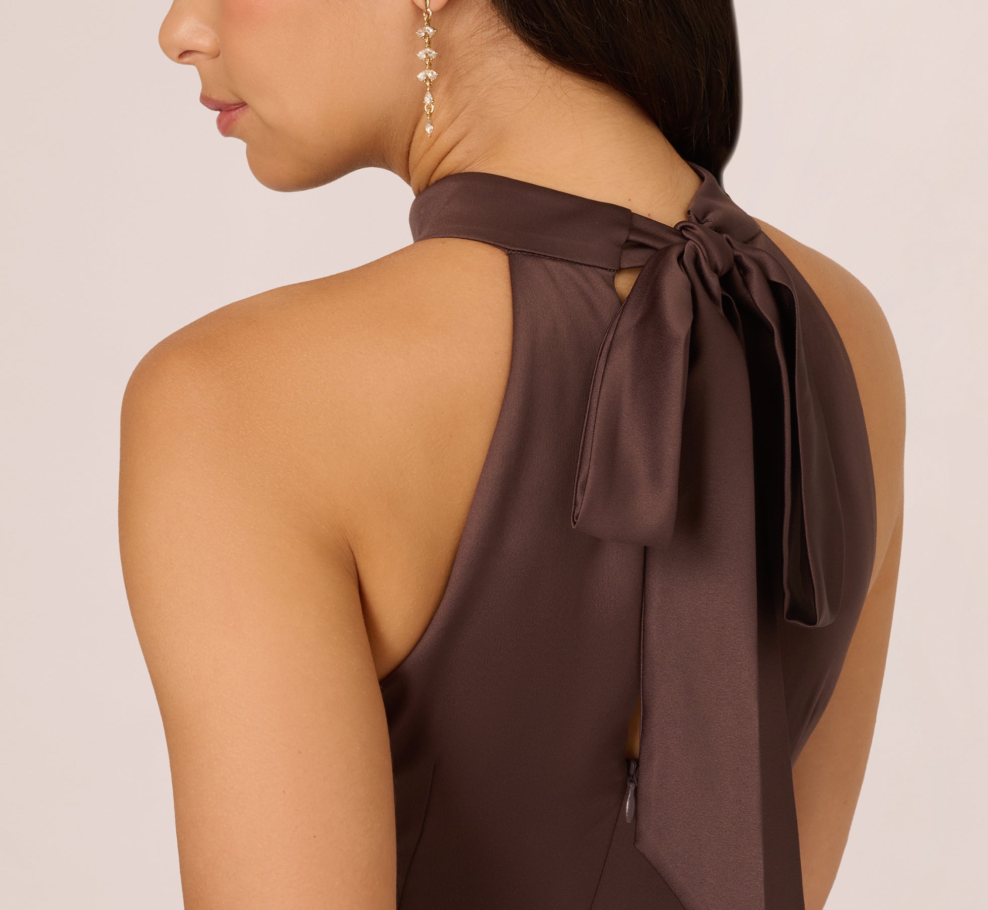 Satin Halter Mermaid Gown With Ruffle Trim In Dark Brown、mySite、solidvoid