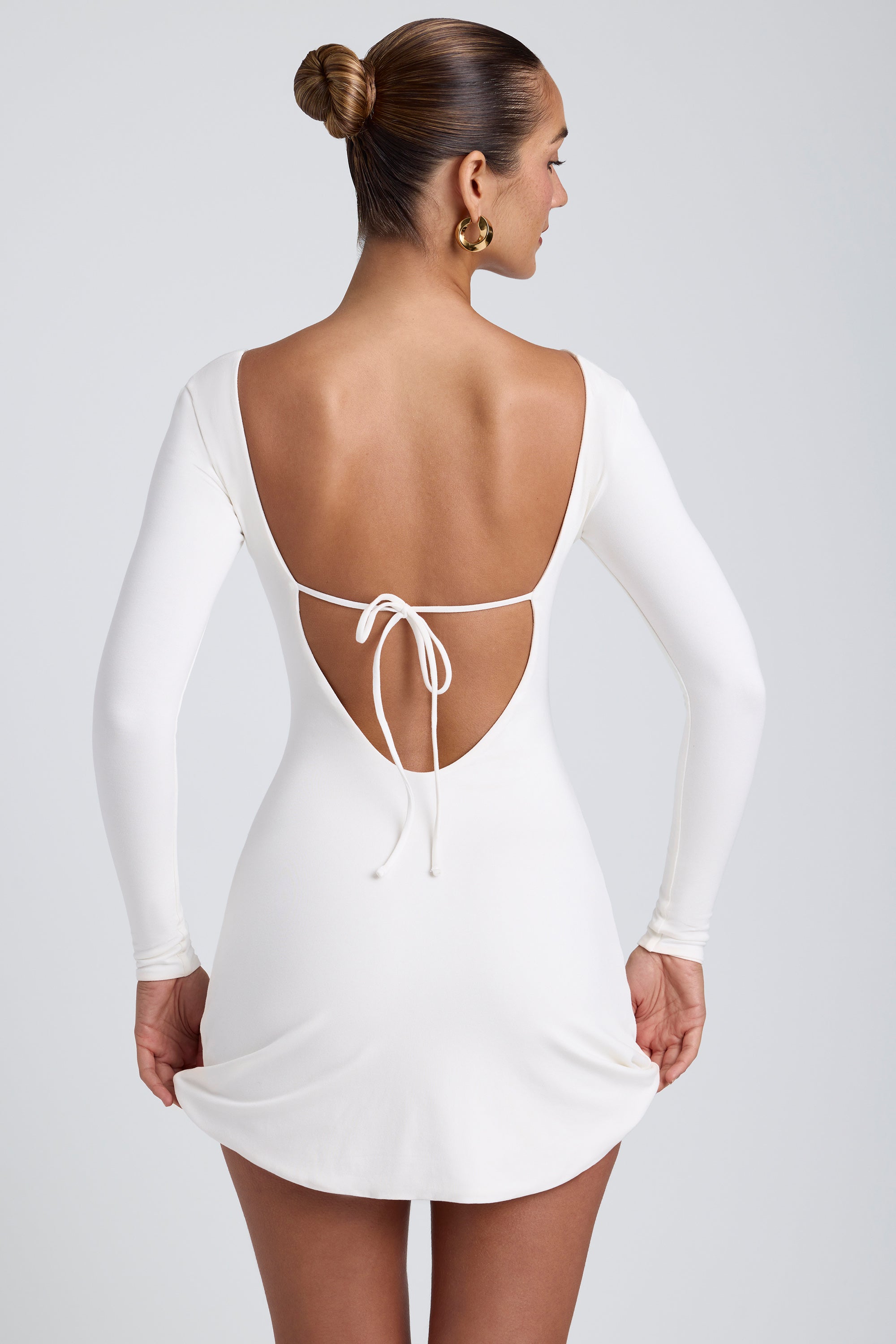 Modal Square Neck Long Sleeve Mini Dress in White、mySite、solidvoid