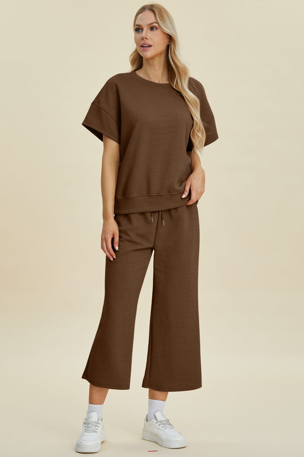 Double Take Full Size Texture Round Neck Top and Pants Set、mySite、camillekostekn