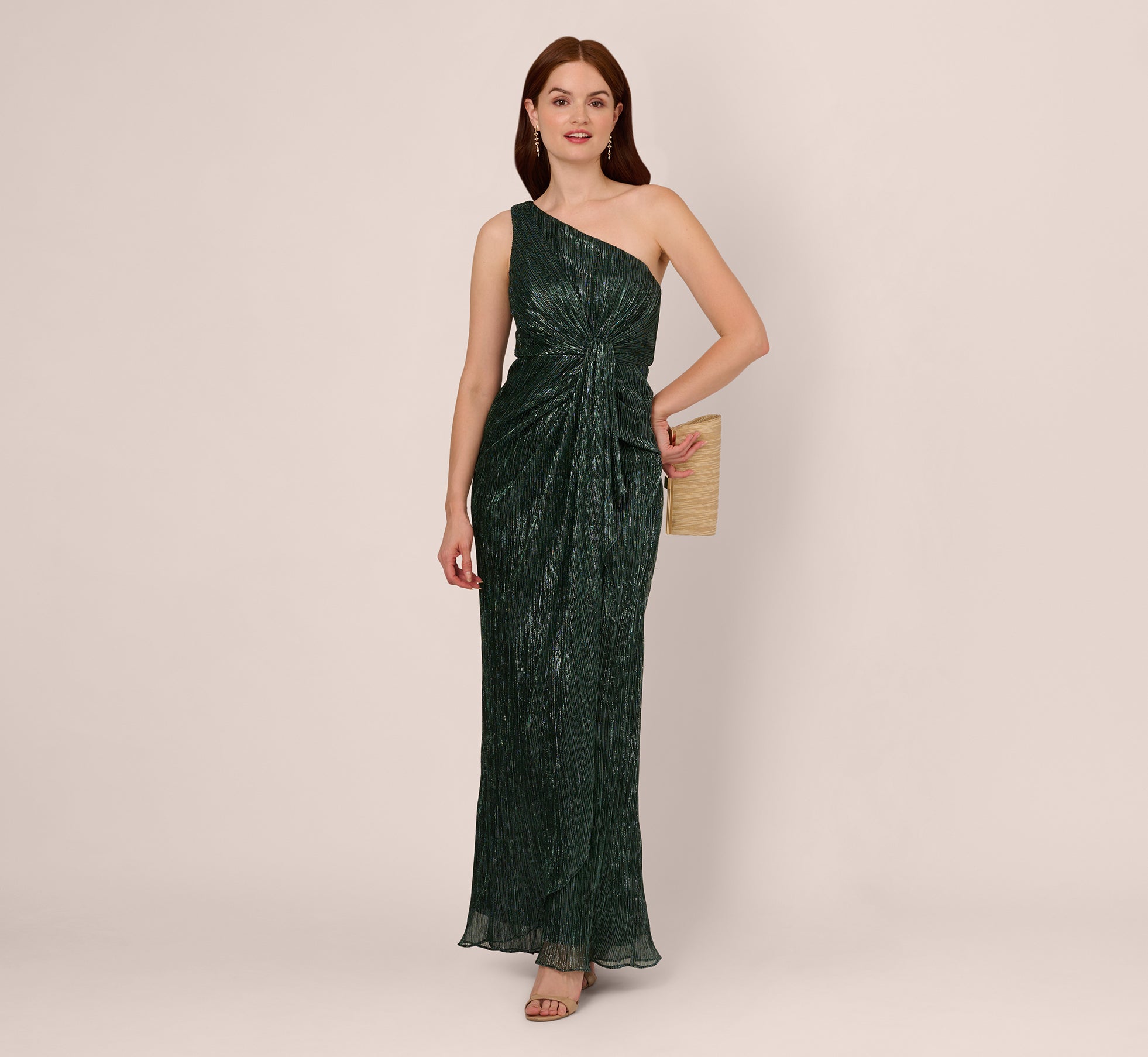 Stardust Pleated Draped One Shoulder Gown In Green Pine、mySite、solidvoid