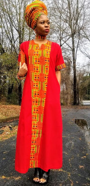 Red Dress with African Print Kente trimmings-DP3227BP3、mySite、solidvoid