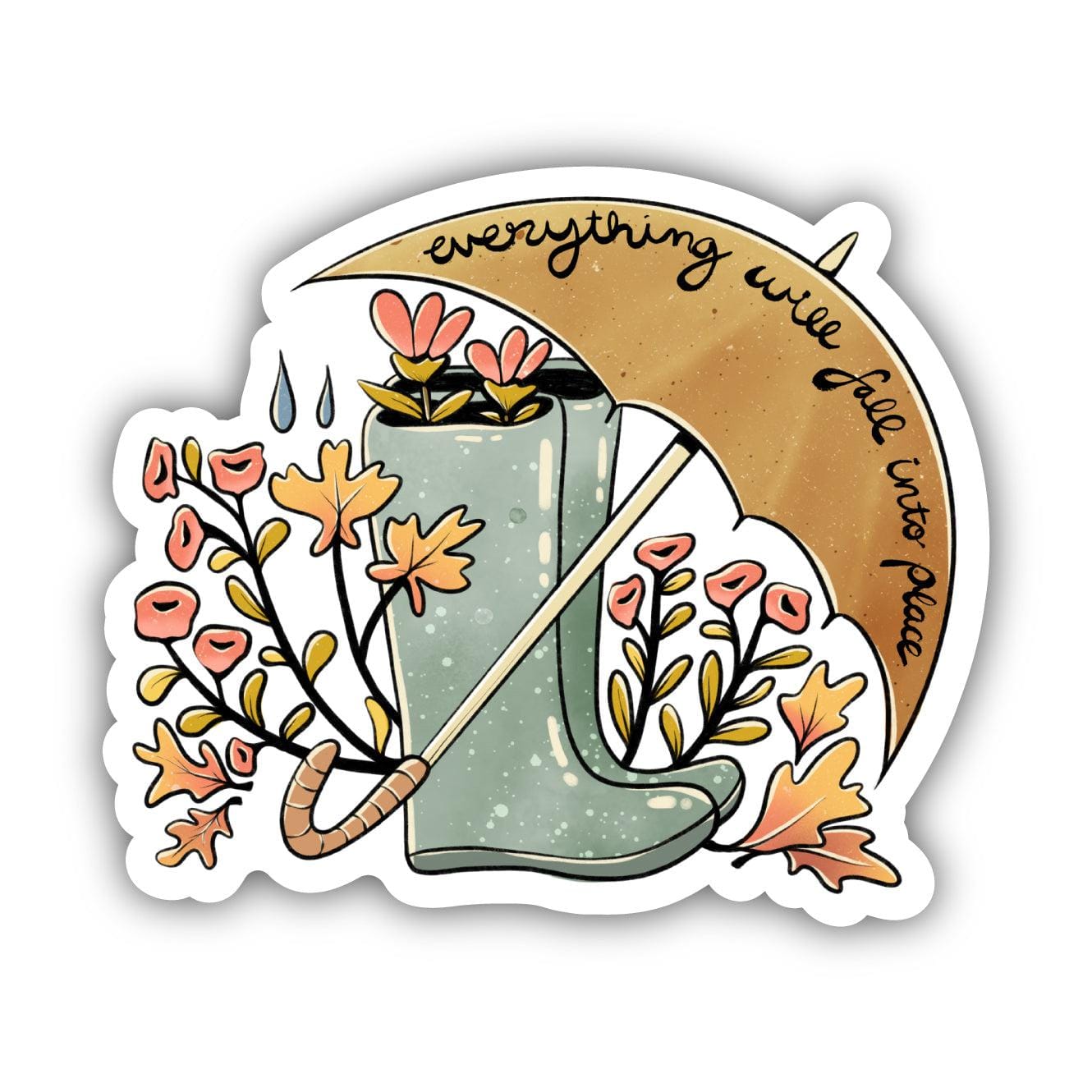  Everything Will Fall Into Place Umbrella and Boots Autumn Sticker、mySite、elrpsem3k