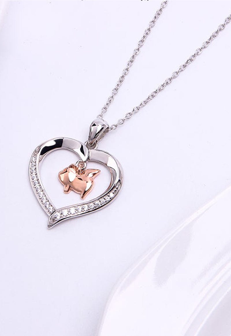 Flying Pig in a Heart with CZ Sterling Silver Necklace 18 Sliding Chain、mySite、g9winljtr