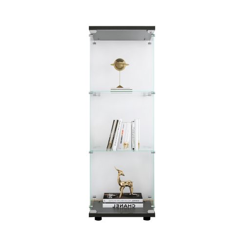 Glass Display Cabinet with 3 Shelves, One-Door Curio Cabinets for Living Room, Bedroom, Office, Black Floor Standing Glass Bookshelf, Quick Installation、、casual