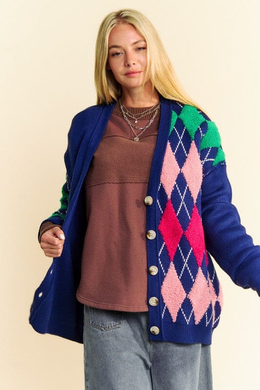 Davi & Dani Argyle V-Neck Dropped Shoulder Cardigan、mySite、camillekostekn