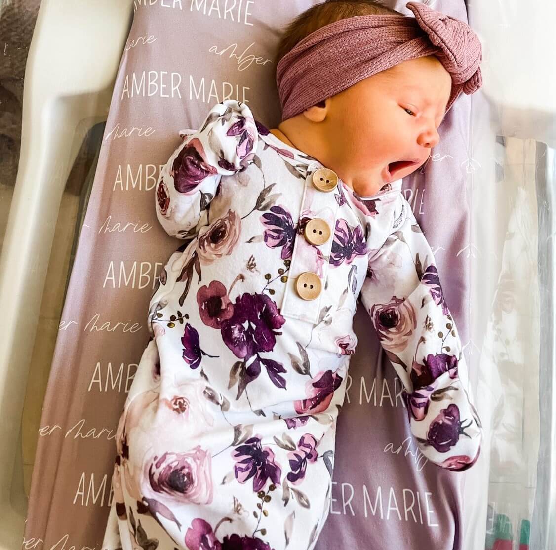  Demi's Dusty Purple Floral Newborn Baby Knot Gown & Hat Set、mySite、layawaytickets