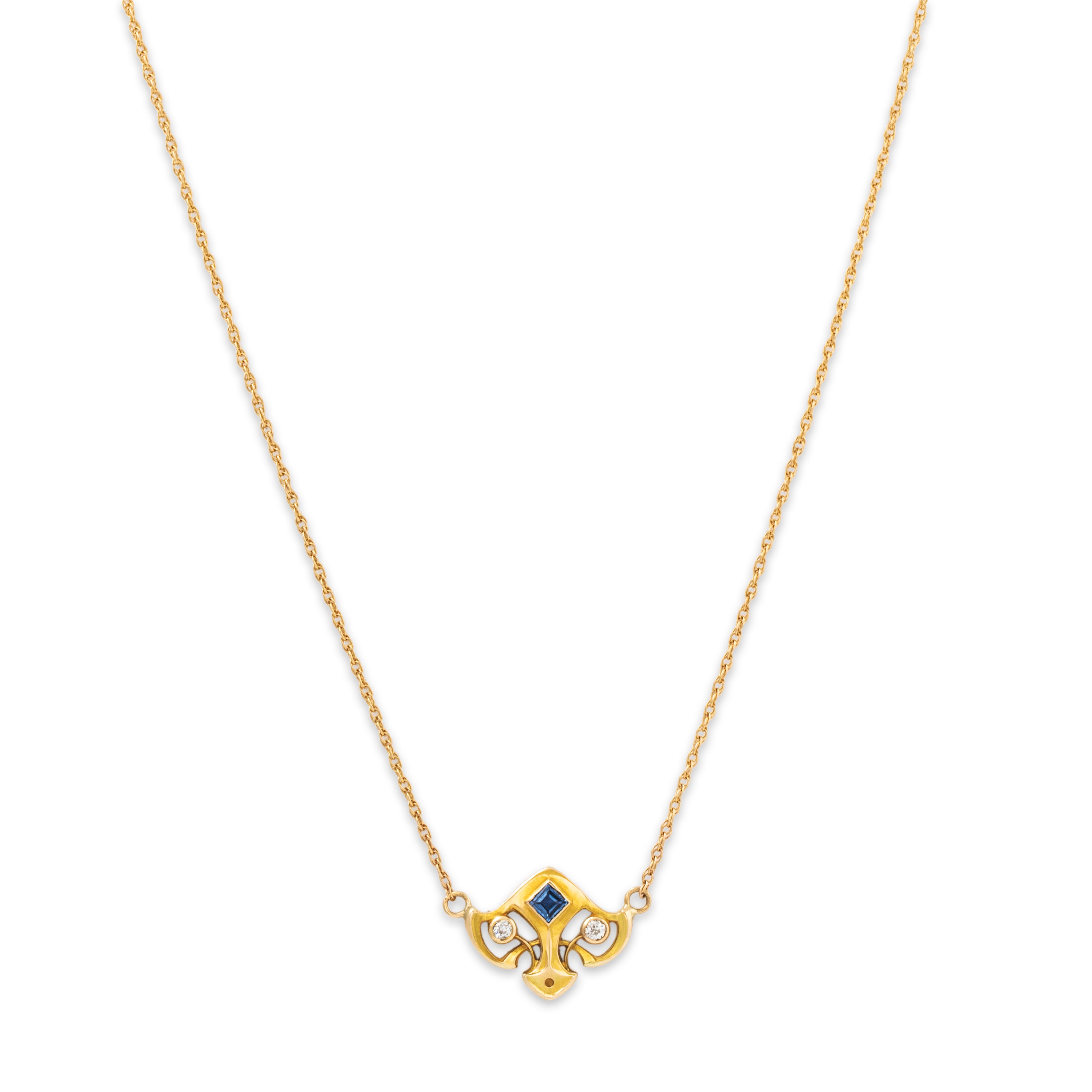 Antique 14k Yellow Gold Synthetic Sapphire Natural Diamond Necklace 17、mySite、hinf8tx79