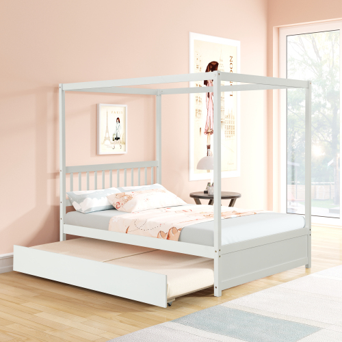 Full Size Canopy Bed with Twin Trundle, Kids Solid Wood Platform Bed Frame w/ Headboard, No Box Spring Needed Grey Color、、xpatfood