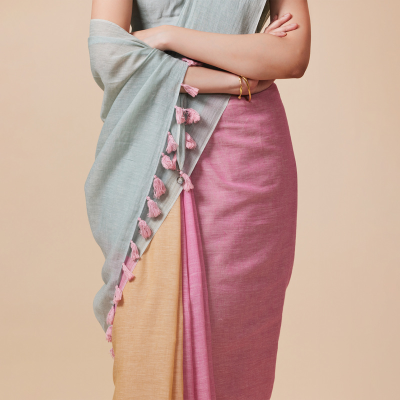 Cotton Printed Saree with Blouse | Light Blue & Pink、mySite、camillekostekn