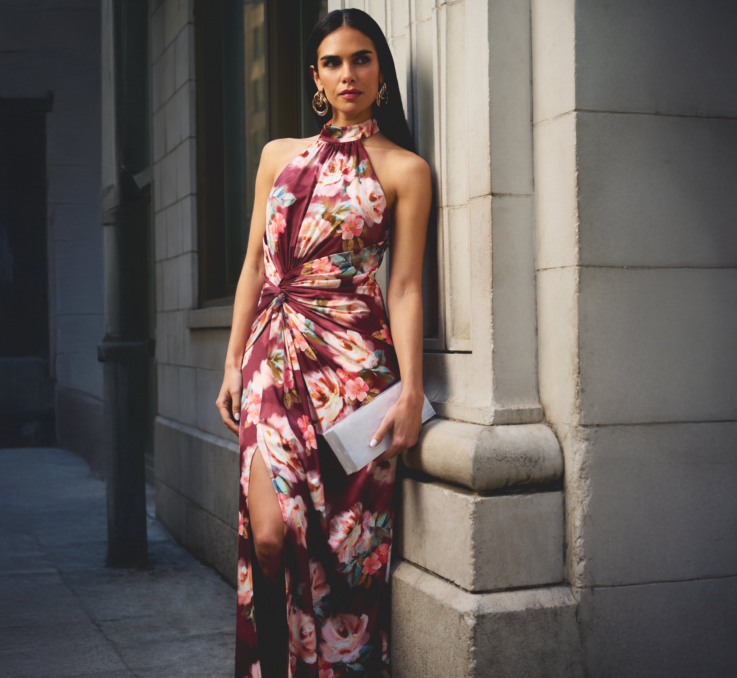 Floral Satin Twist Waist Halter Gown In Brown Multi、mySite、solidvoid