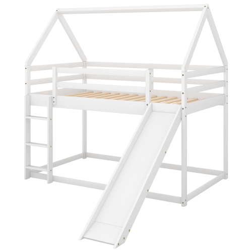 Twin Size Bunk House Bed with Slide and Ladder,White、、casual