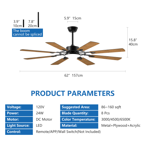 52 Inch Ceiling Fan with Lights and Remote Control, 8 Plywood Blades, 6-Speed Noiseless Reversible DC Motor, 3CCT, Windmill Ceiling fan for Kitchen Bedroom Living Room, Black、、eastwooduniform
