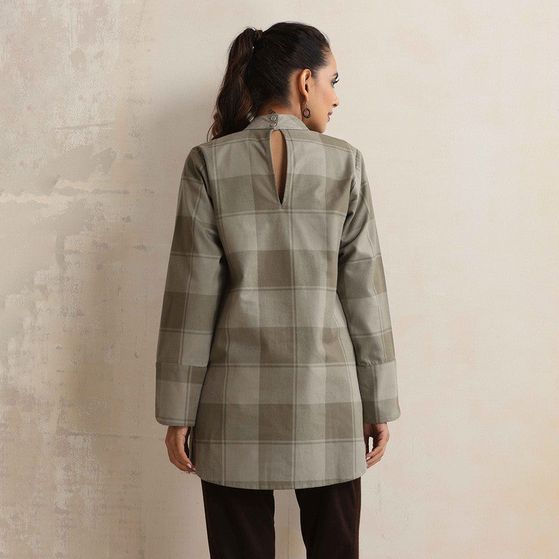 Cotton High Neck Short Kurta For Women | Checkered Print | Green、mySite、camillekostekn