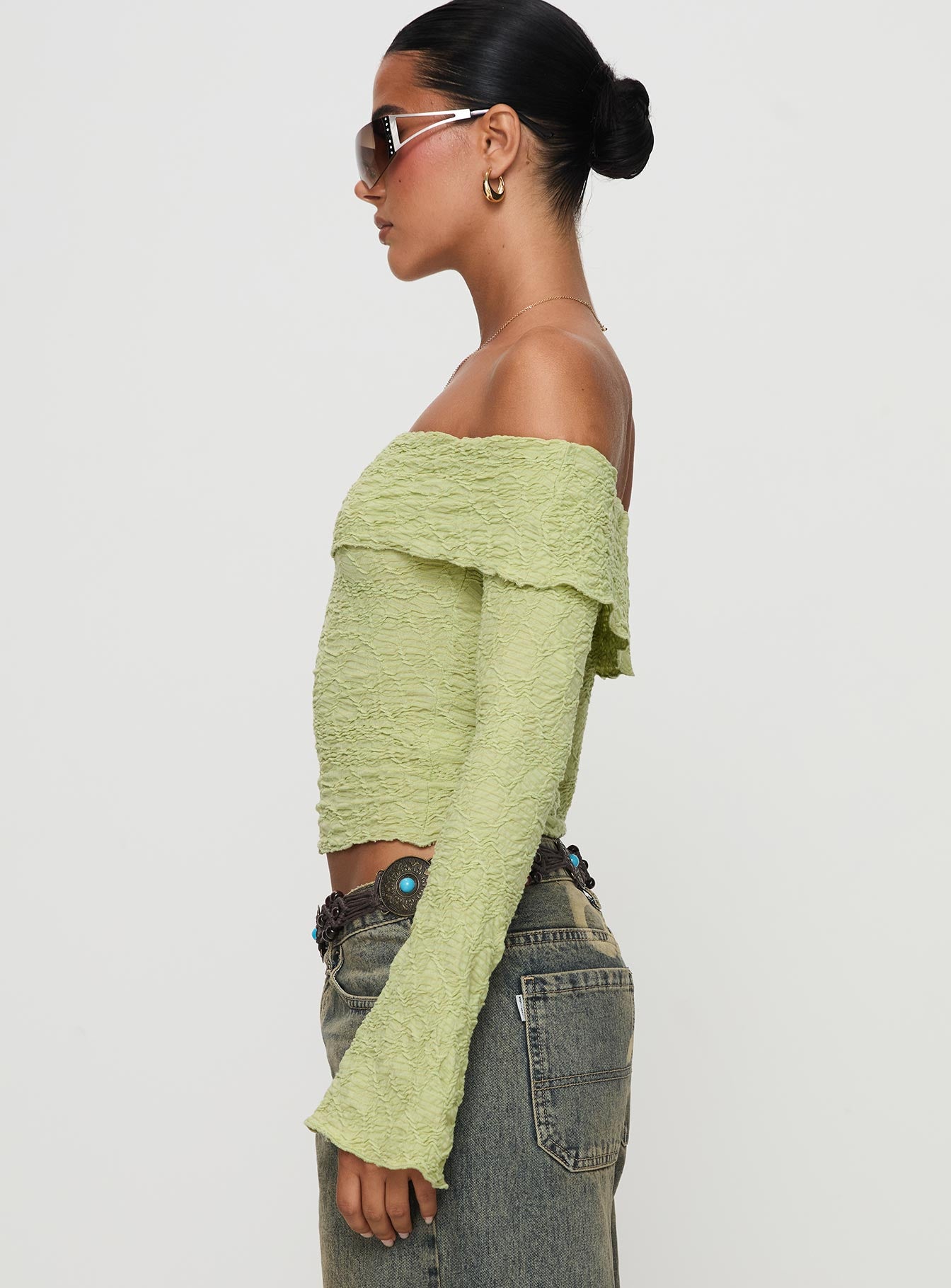 Back With Love Off Shoulder Long Sleeve Top Green、mySite、solidvoid