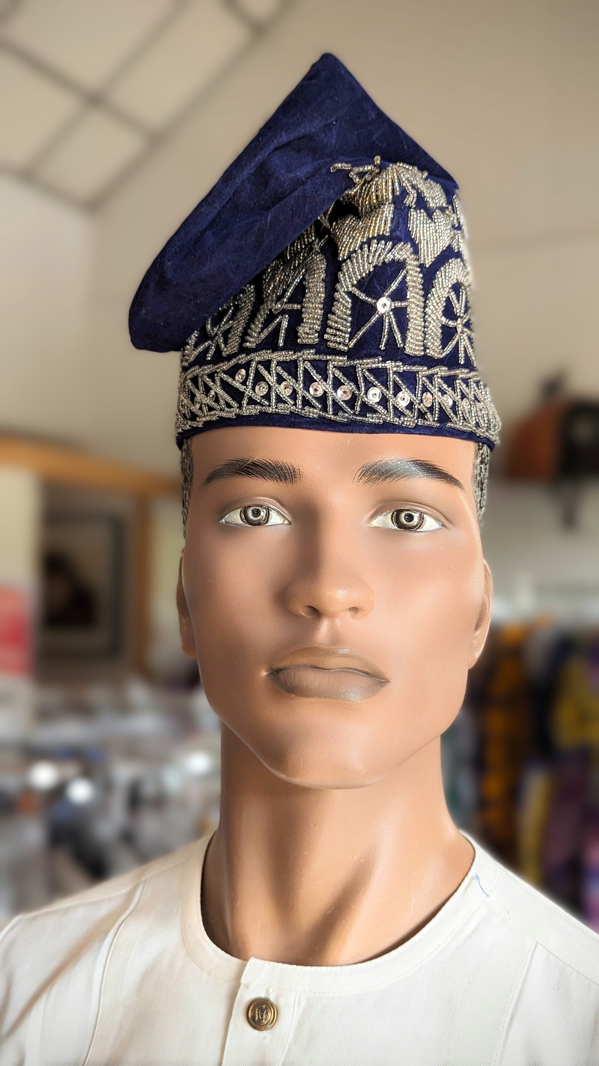Dupsie's A峁ａ�ilu Navy-Blue and Silver Nigerian Velvet Fila Kufi Cap Hat DPHBSVH2、mySite、solidvoid