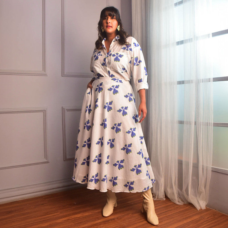 Cotton Co Ord Set For Women | Shirt & Skirt | Floral Block Print | White、mySite、camillekostekn