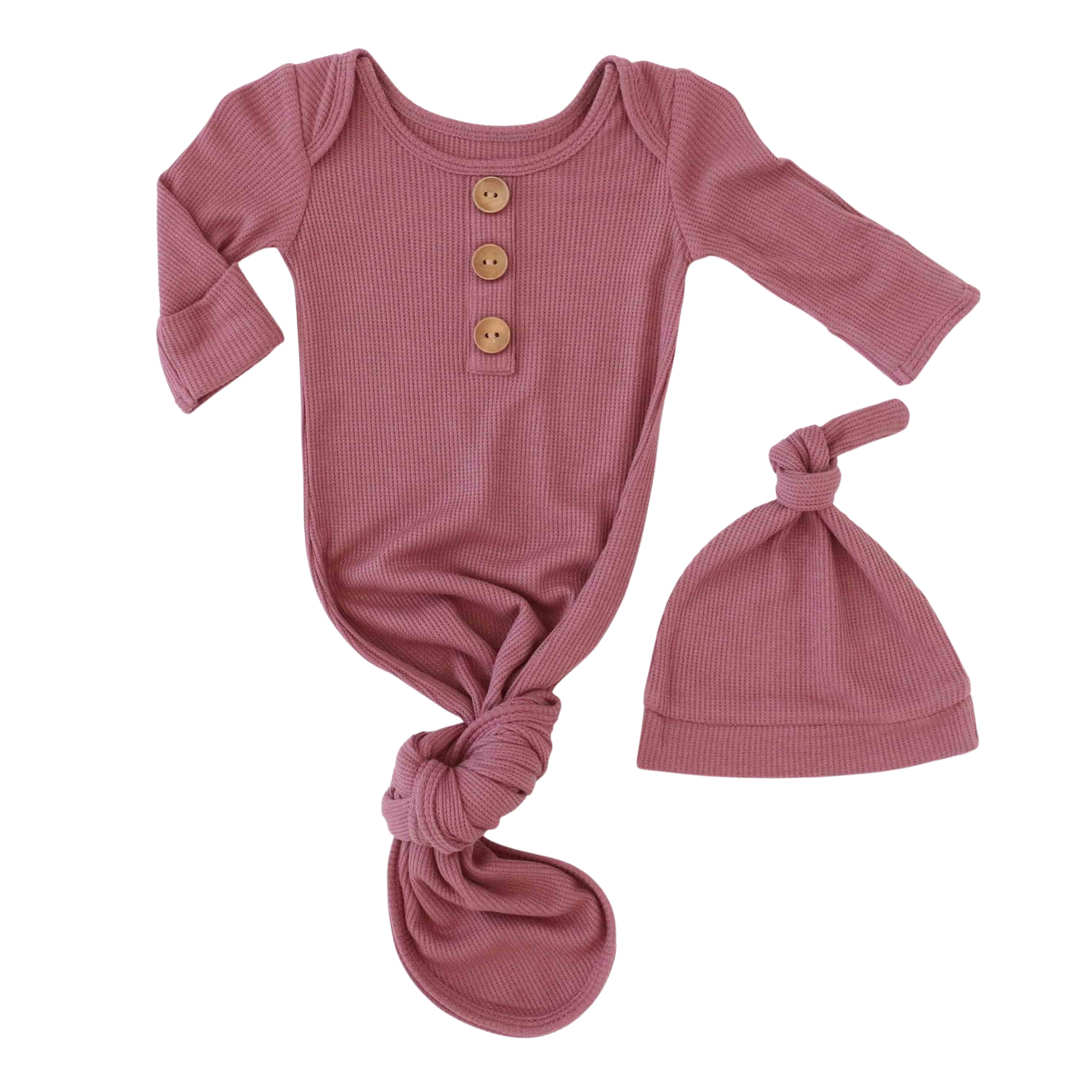  Boysenberry Bamboo Waffle Newborn Baby Knot Gown & Hat Set、mySite、layawaytickets