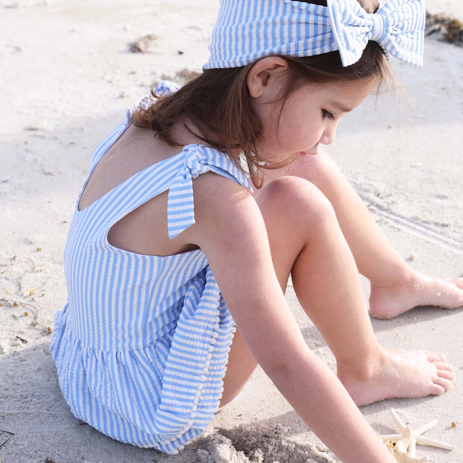  Tiered Skirt with White Pom Trim | Seersucker Blue、mySite、layawaytickets