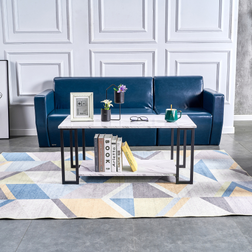 D&N Coffee Table, 2 Layers 1.5cm Thick Marble MDF Rectangle 39.37" L Tabletop Iron Coffee Table , Dining Room, Coffee Shop, Resterant, White Top, Black Leg、、casual