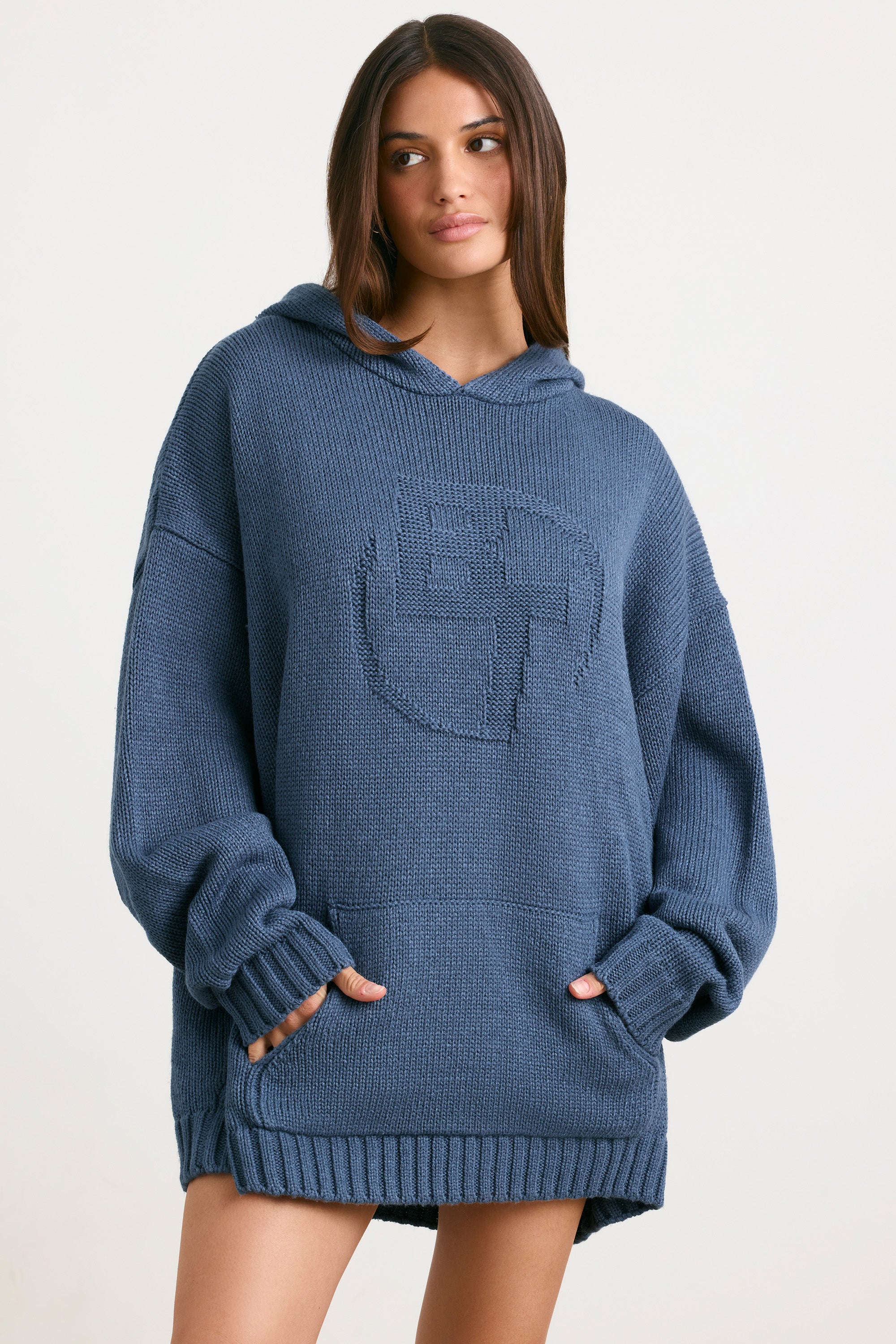 Oversized Chunky Knit Hoodie in Washed Navy、mySite、solidvoid