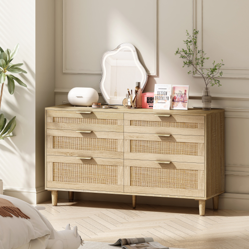 51.18"6-Drawers Rattan Storage Cabinet Rattan Drawer,for Bedroom,Living Room,Natural (Same SKU:W757P198980)、、casual