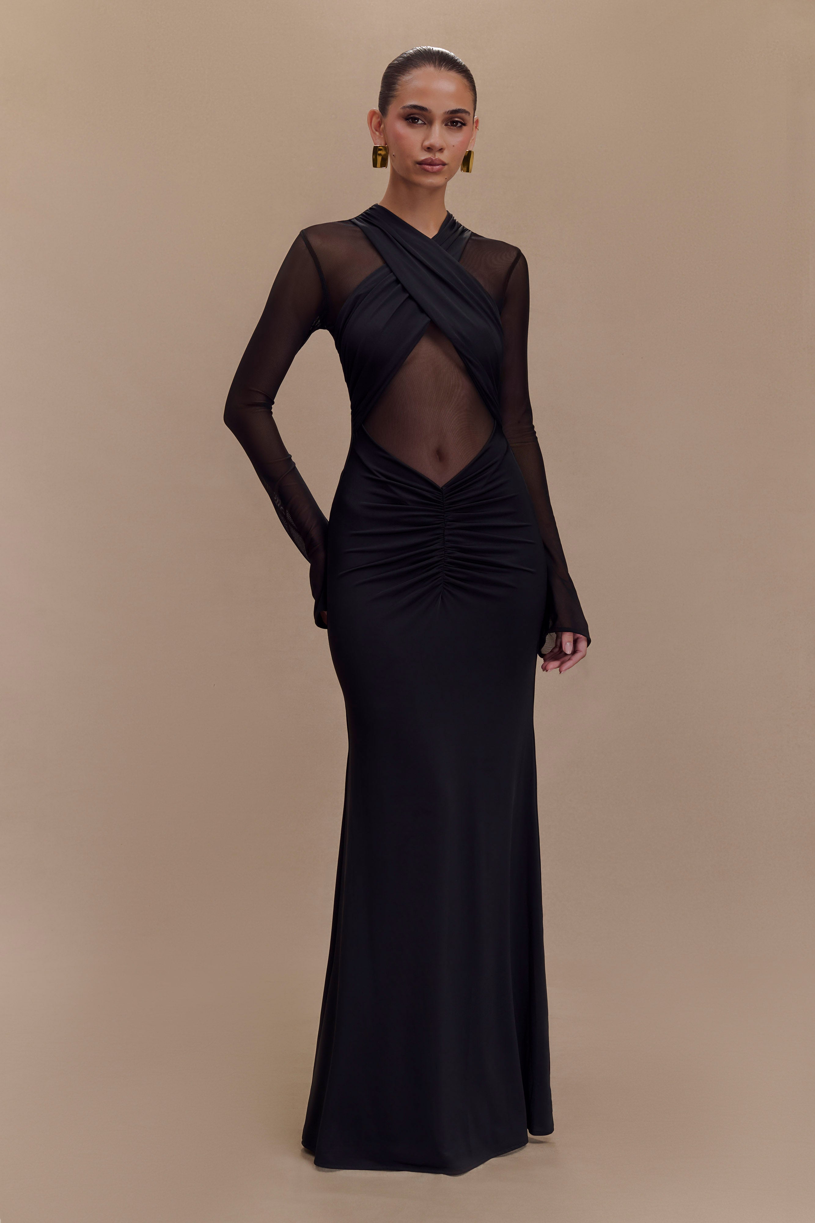 Tania Slinky And Mesh Long Sleeve Maxi Dress - Black、mySite、solidvoid