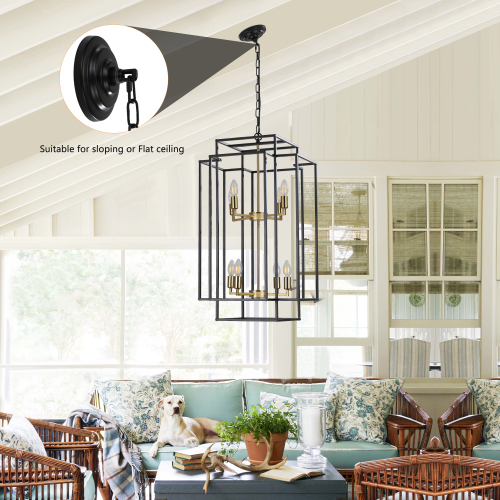 (Same as W1340142525/L1018-C) 18" Modern 8-Light Black & Chrome Geometric Pendant Chandelier, Industrial Metal Frame, Adjustable Hanging Light for Living Room, Dining Room, Kitchen (No Bulbs)、、eastwooduniform