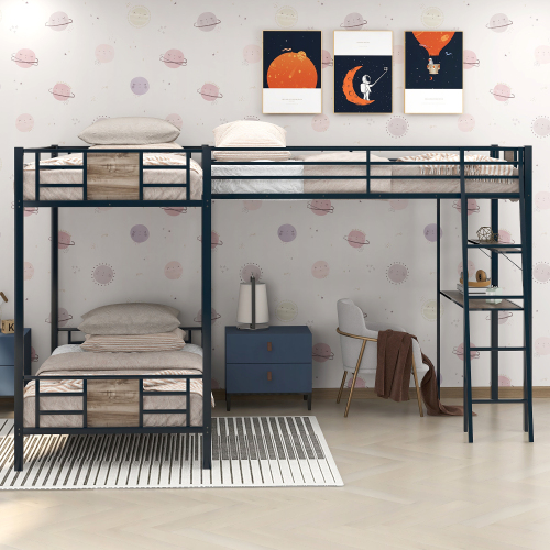 L-Shaped Twin over Twin Bunk Bed with Twin Size Loft Bed with Desk and Shelf ,Brown、、casual
