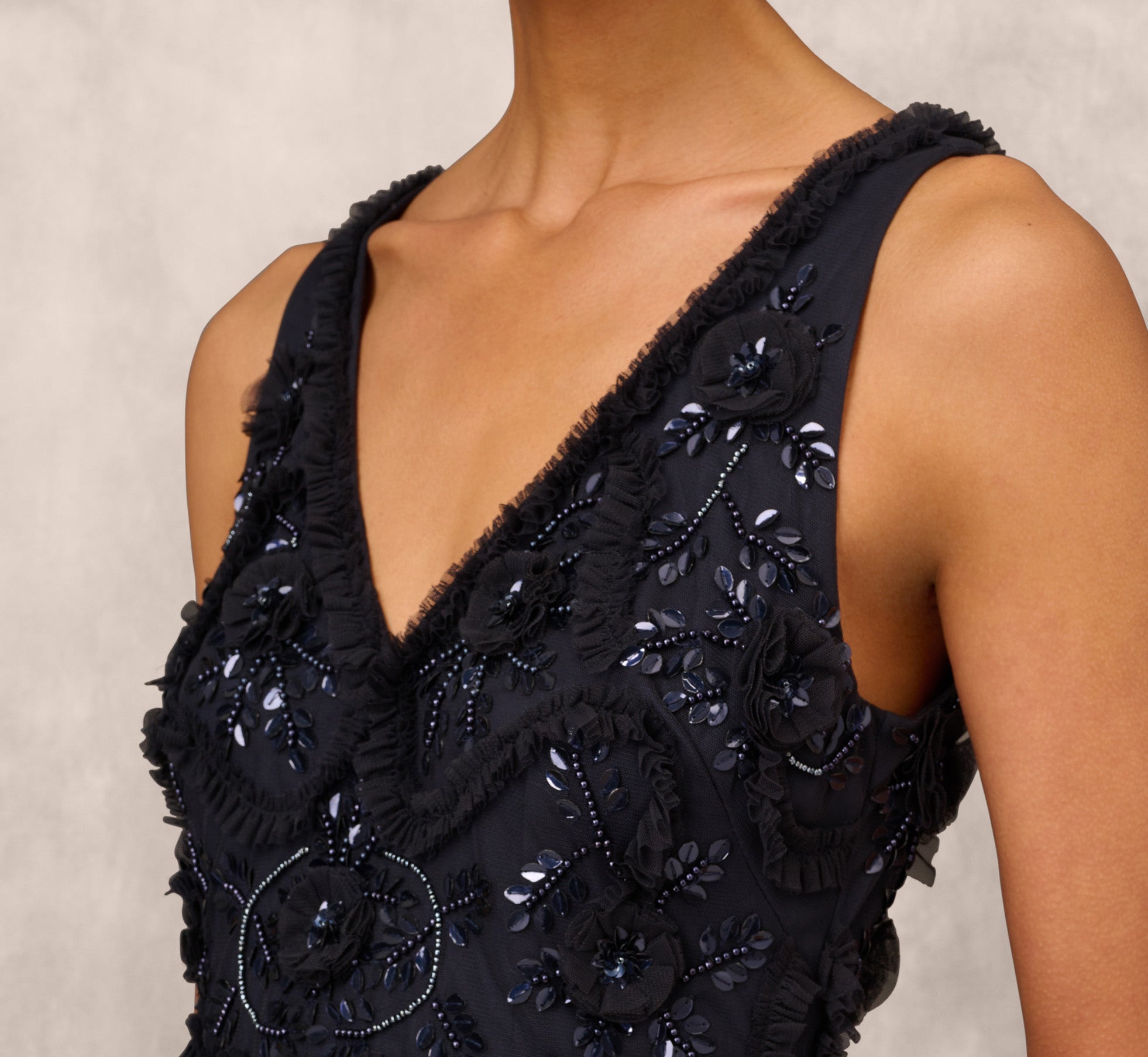 Beaded Ruffle Sleeveless Gown With V-Neck And Back In Twilight、mySite、solidvoid