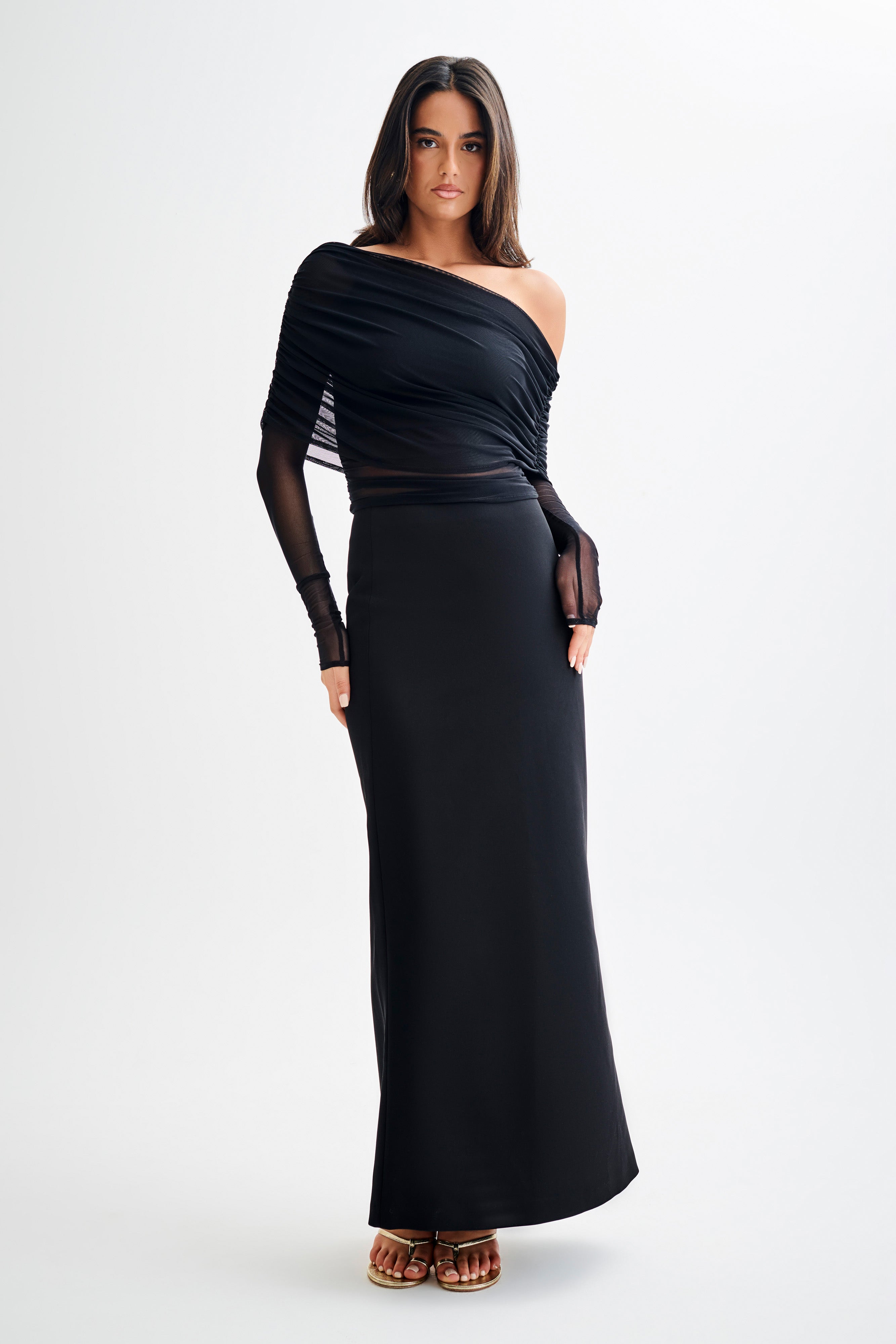 Everly Sheer Mesh Off Shoulder Top - Black、mySite、solidvoid