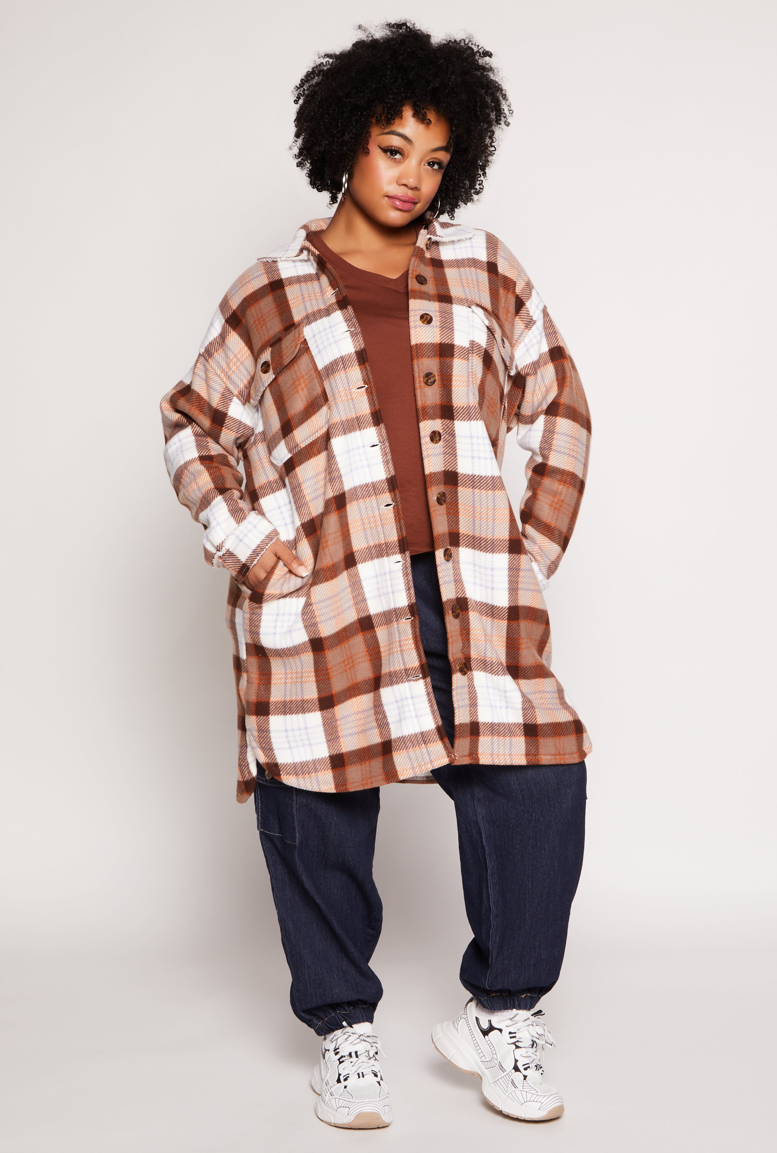 Plus Size Plaid Sherpa Lined Long Shacket、mySite、camillekostekn