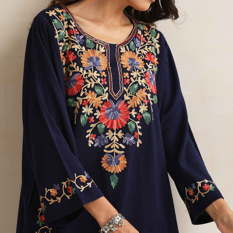 Woolen Kurta For Women | Floral Embroidered | Blue、mySite、camillekostekn