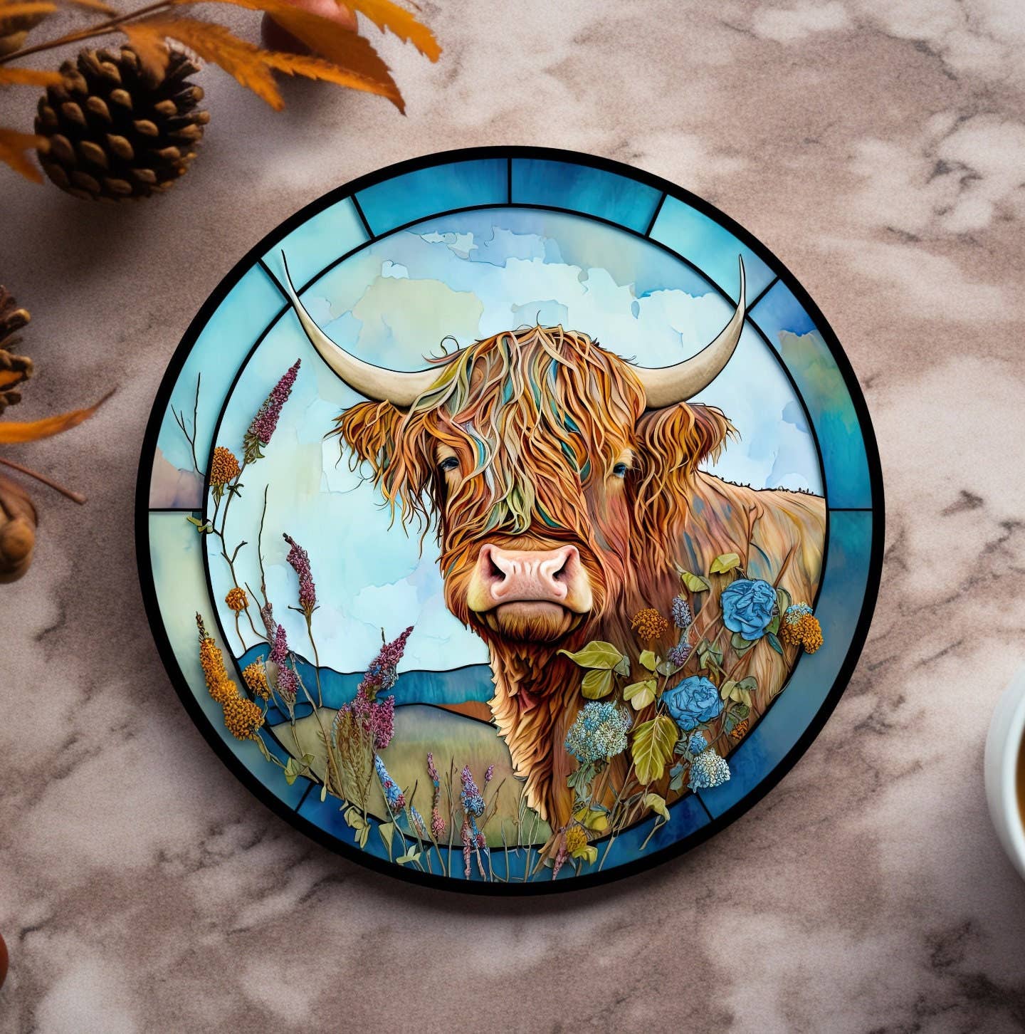 Colorful Highland Cow Ceramic Coaster with Stained Glass Motif Handmade in the USA、mySite、g9winljtr