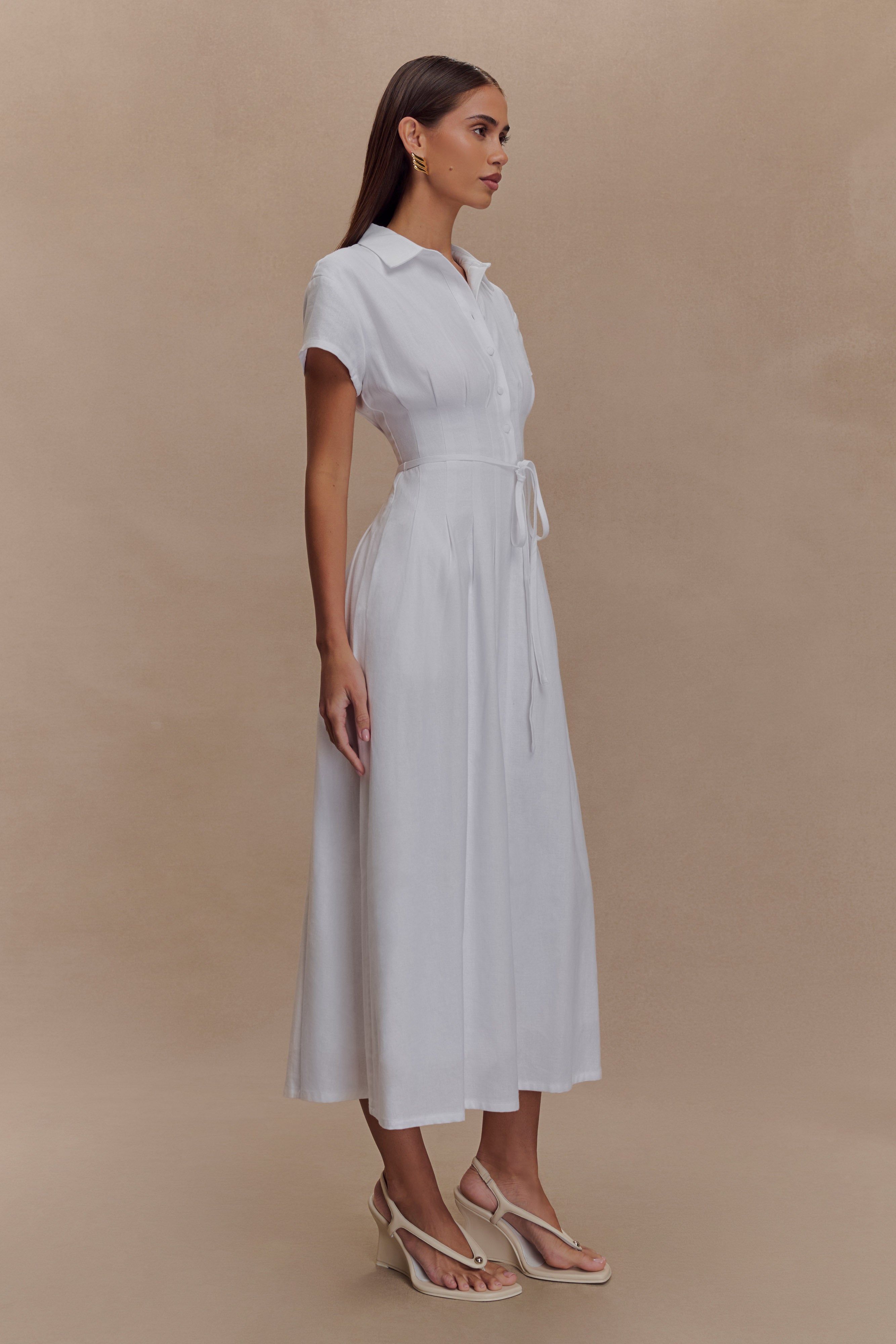Aysha Buttoned Linen Midi Dress - White、mySite、solidvoid
