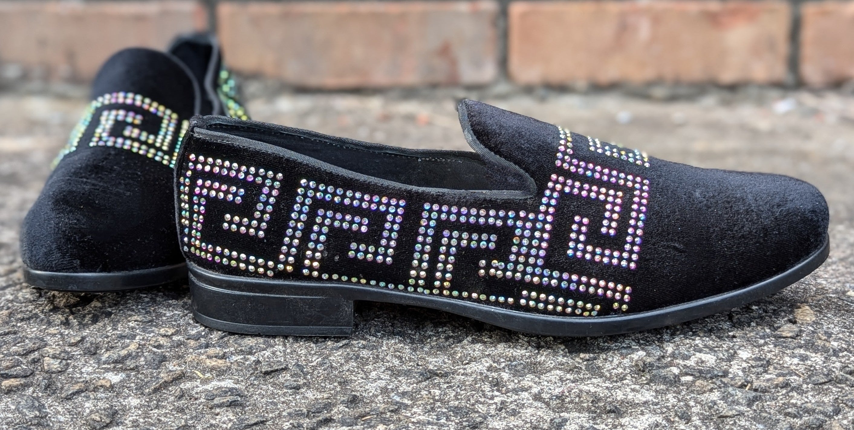 Dupsie's Black Imara Elegance pair of Suede Loafers with meander Rhinestoned patterns DPSS452、mySite、solidvoid