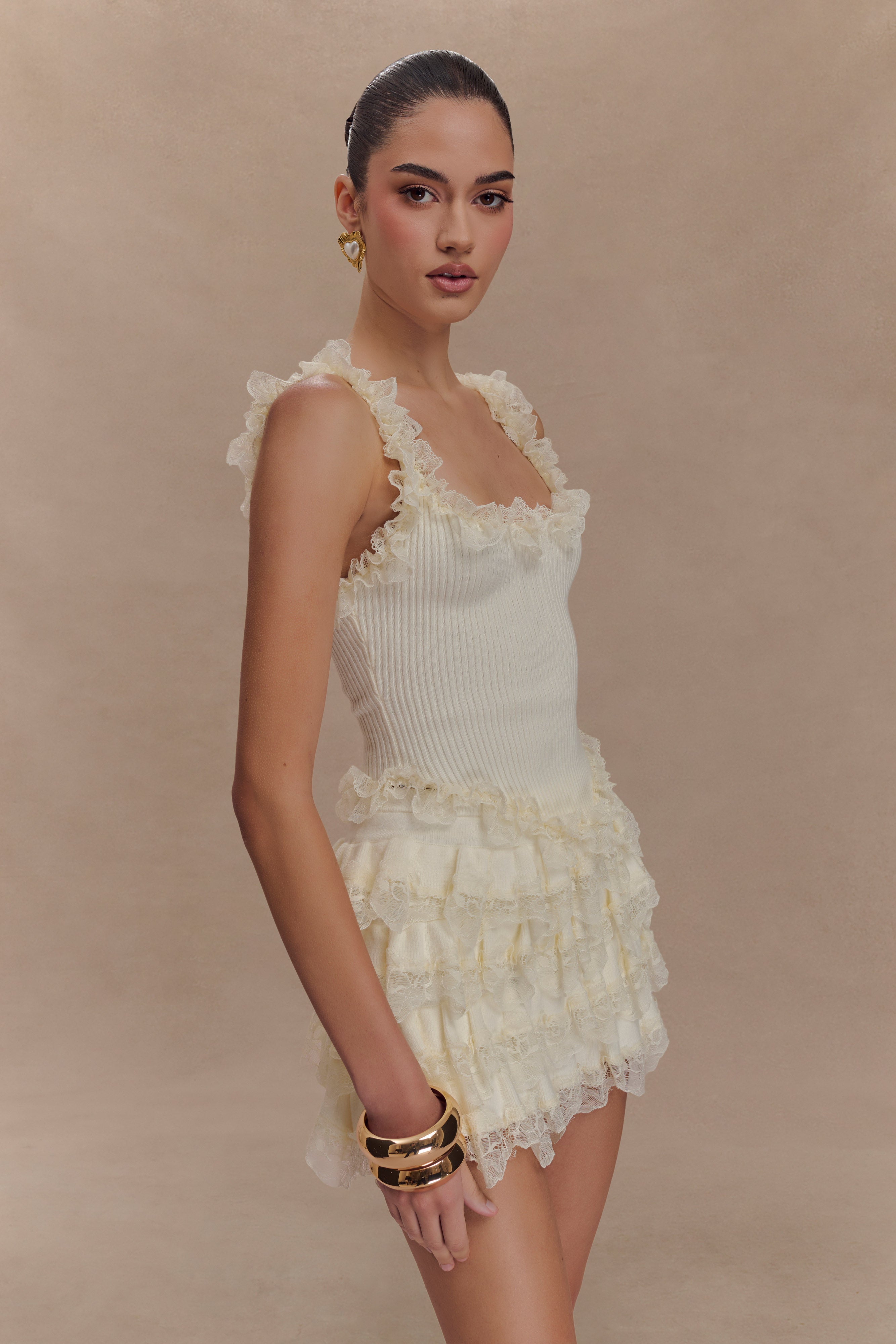 Margaret Lace Ruffle Mini Skort - Cream、mySite、solidvoid