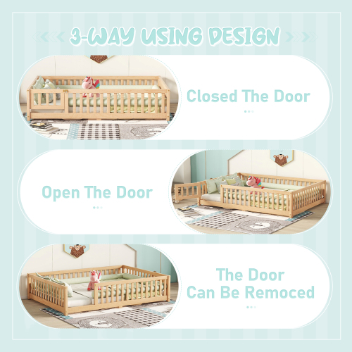 Twin Size Bed Floor Bed with Safety Guardrails and Door for Kids, Natural(Old SKU: W158090686)、、casual