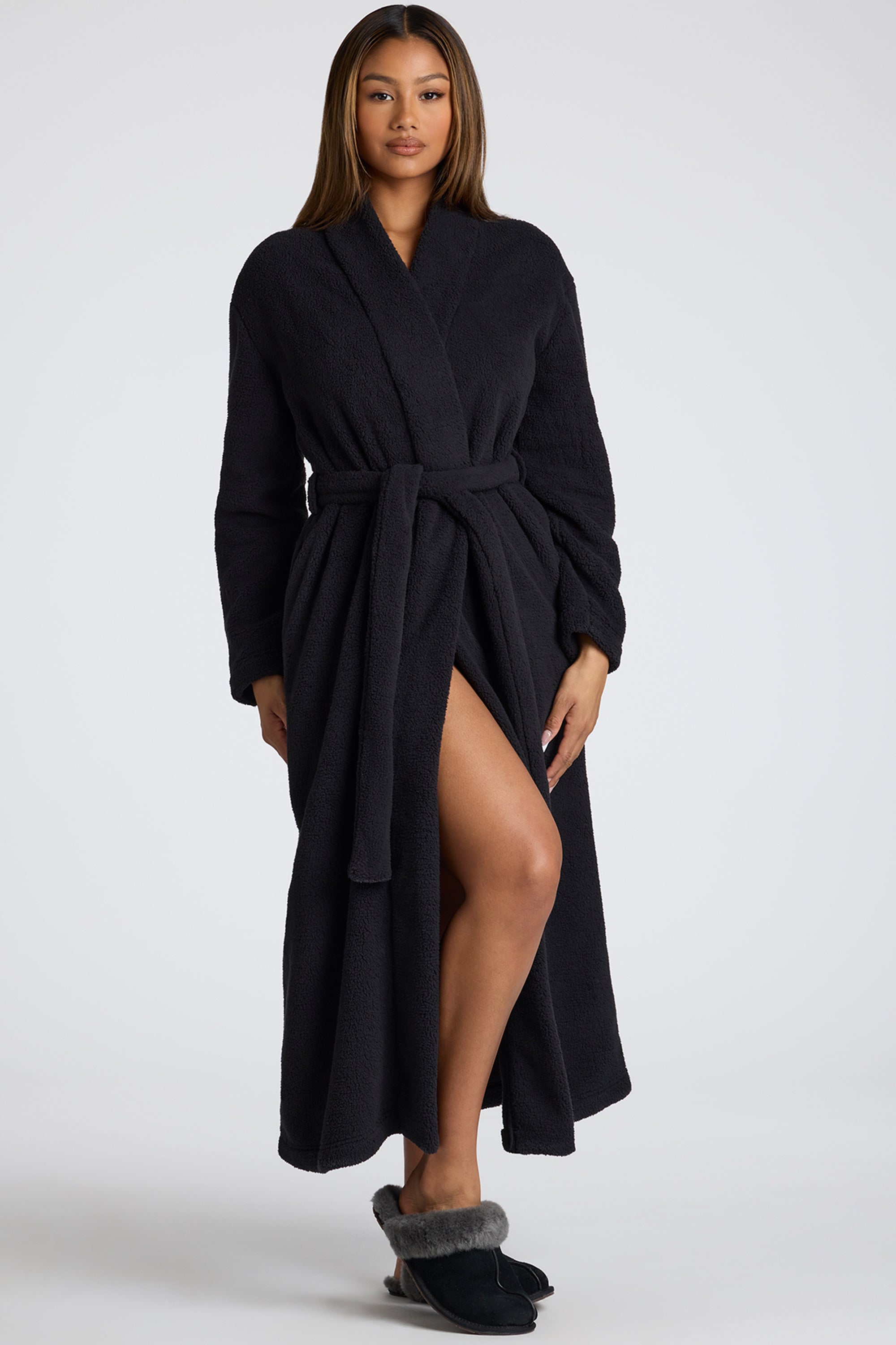 Tie Front Fleece Robe in Black、mySite、solidvoid
