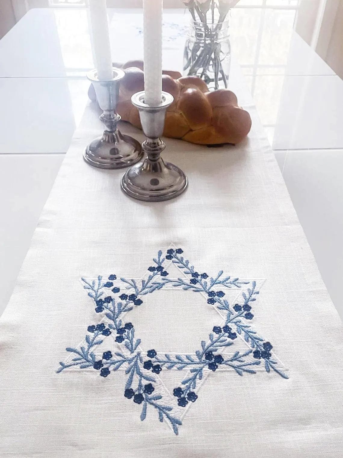 Ivory Linen Table Runner with Floral Magen David、mySite、topwebapps