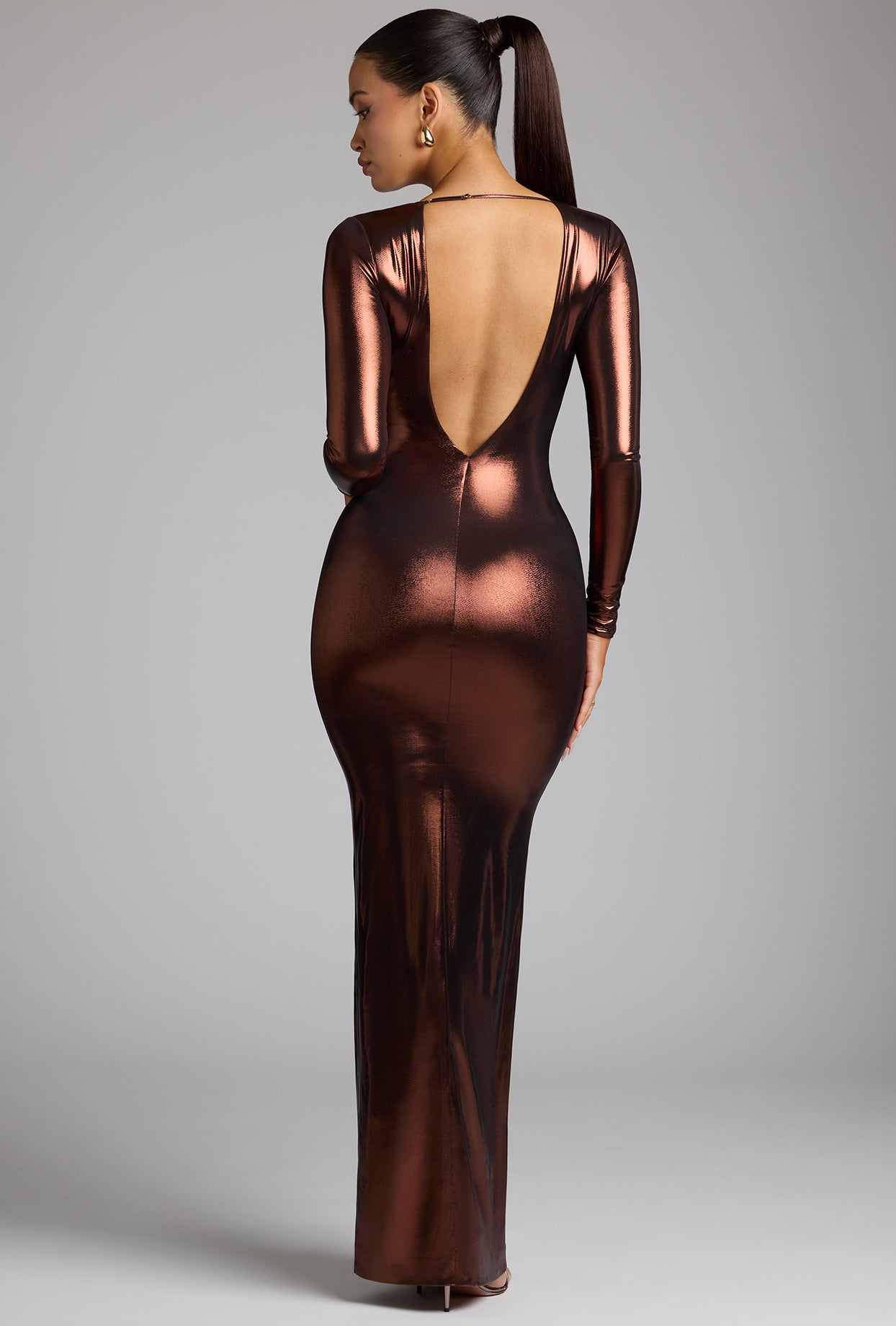 Long Sleeve Metallic Jersey Evening Gown in Copper Bronze、mySite、solidvoid