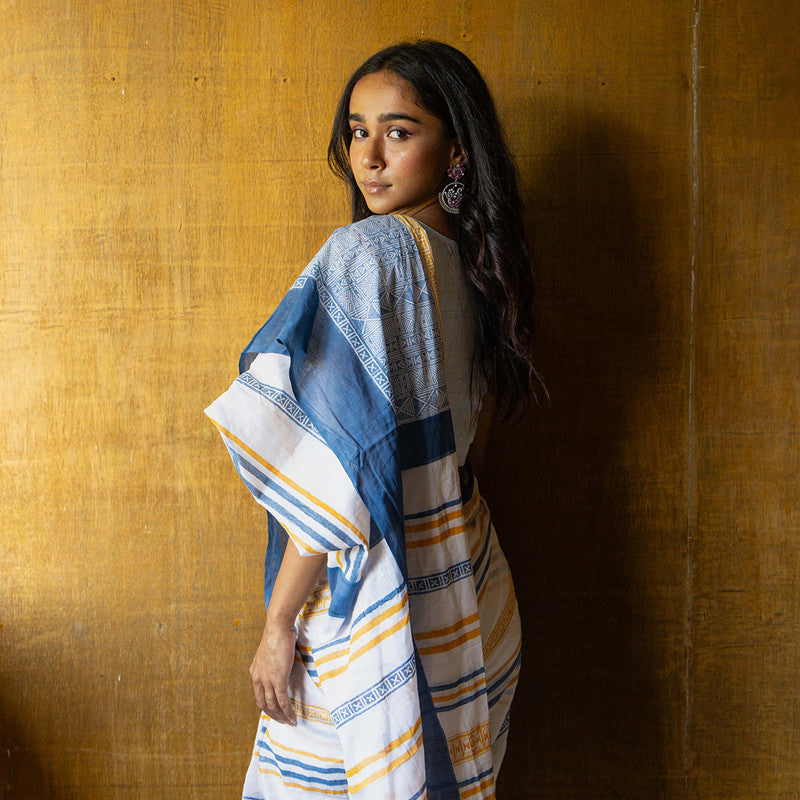 Cotton Printed Saree | Hand Block Print | White & Blue、mySite、camillekostekn