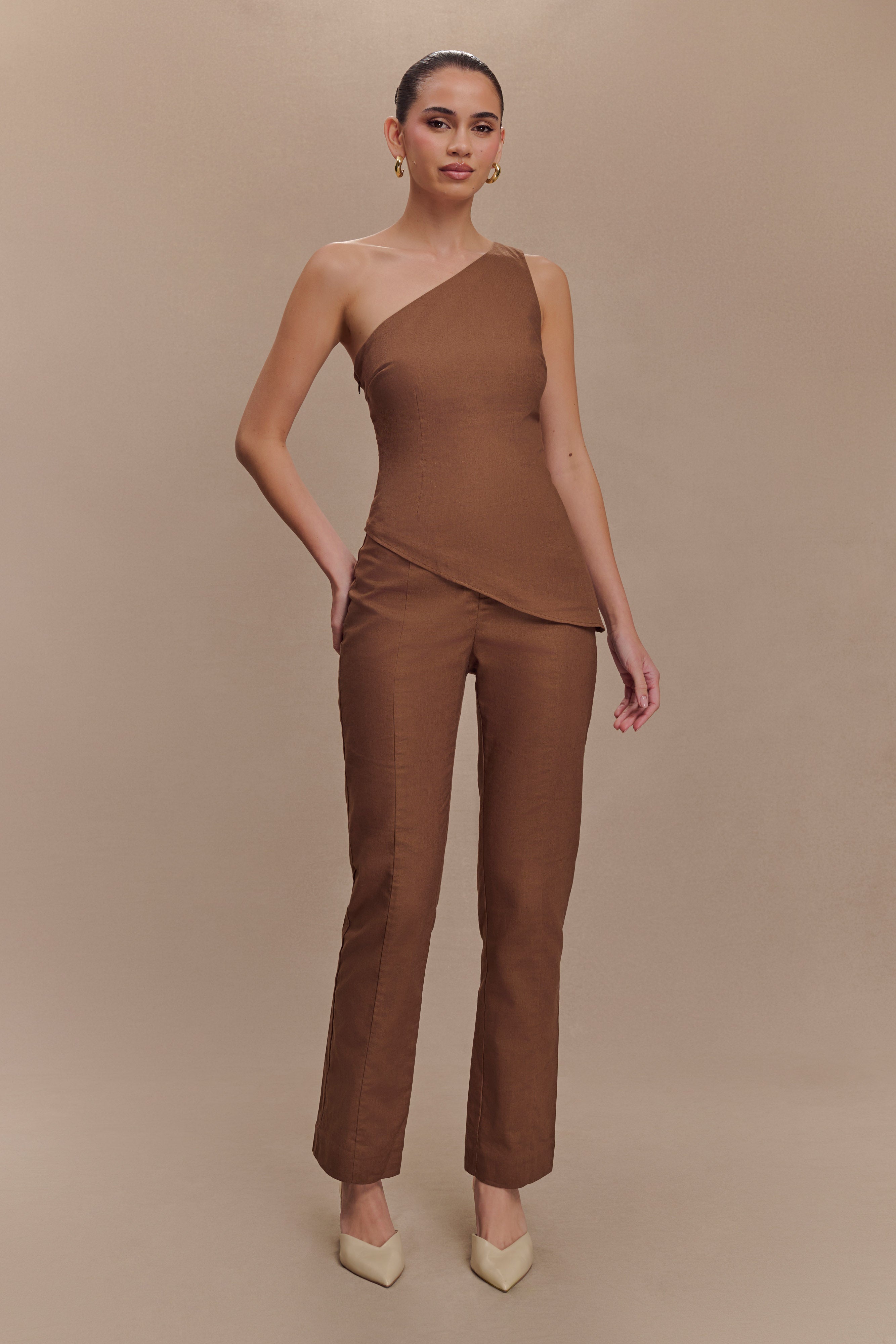 Dora Linen One Shoulder Top - Cacao Brown、mySite、solidvoid