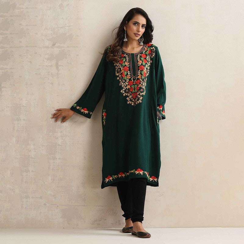 Woolen Kurta For Women | Floral Embroidered | Green、mySite、camillekostekn