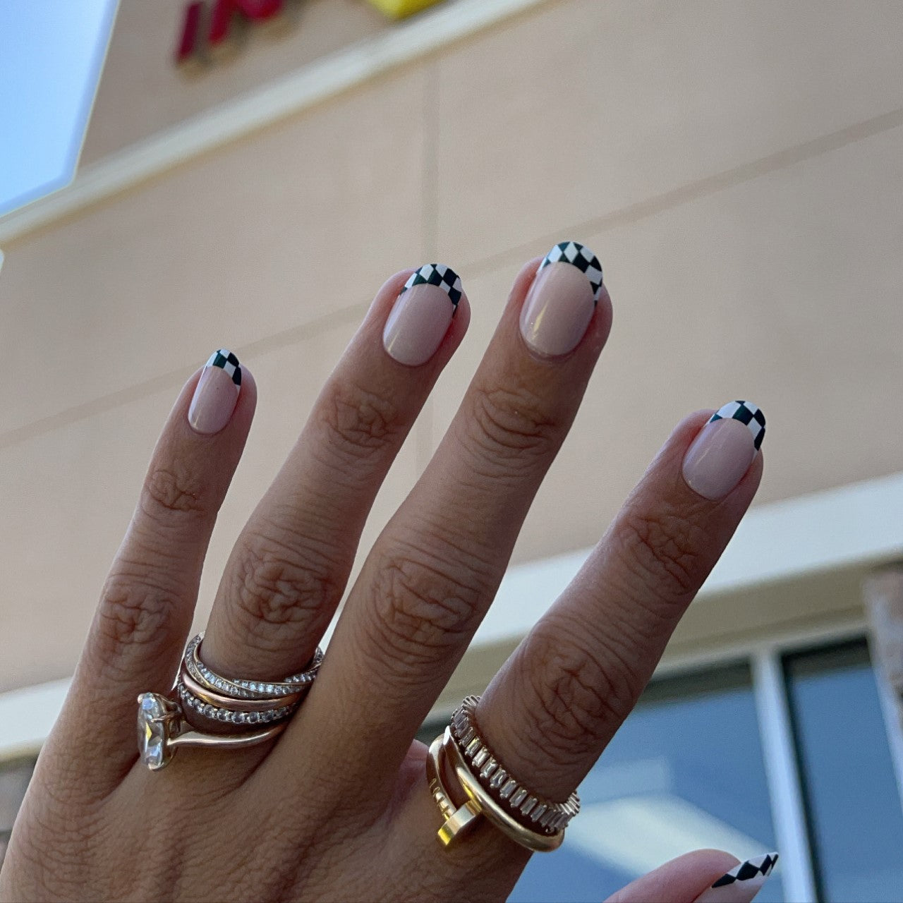 Checkerboard French - Press-On | Short | Round、mySite、solidvoid