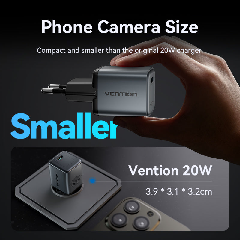 Vention 1-Port USB-C GaN Charger (20W) Gray with USB-C to Lightning Cable (1M) Black EU-Plug、mySite、fannypackpong
