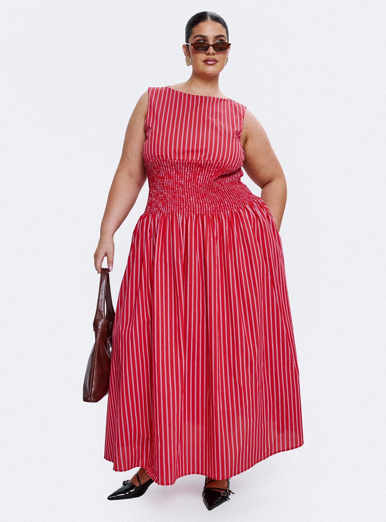 Lilienne Cotton Poplin Maxi Dress Red Stripe Curve、mySite、solidvoid