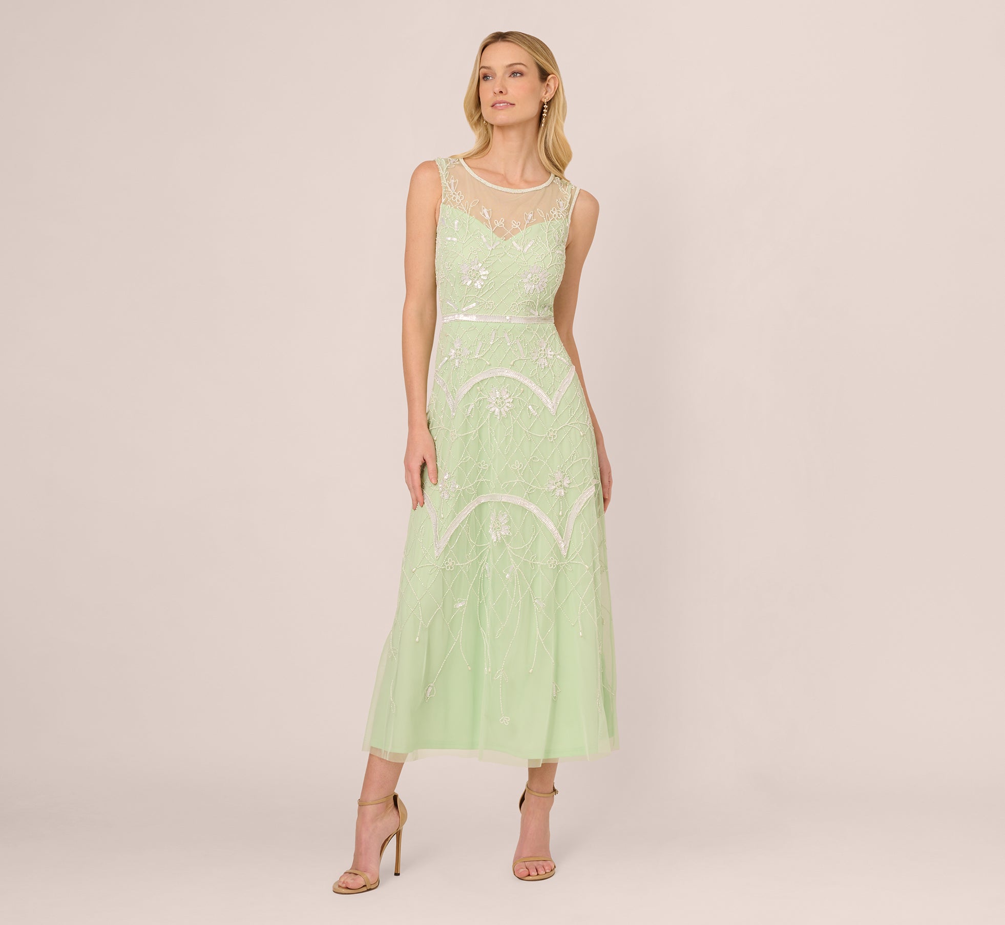 Beaded Ankle-Length Dress With Sheer Neckline In Aloe Mist Ivory、mySite、solidvoid