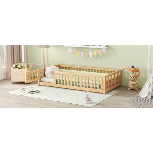 Twin Size Bed Floor Bed with Safety Guardrails and Door for Kids, Natural(Old SKU: W158090686)、、casual