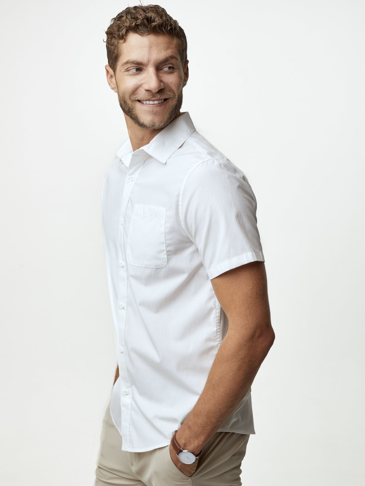  White Short Sleeve Stretch Button Up、mySite、ghnorth